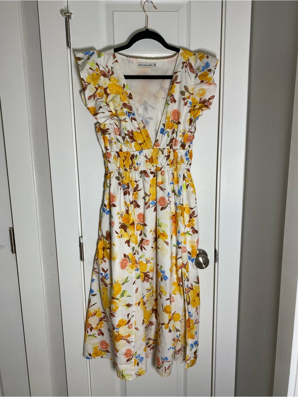 Women's Floral V-Neck Midi Dress  in Cream and Yellow - Abercrombie & Fitch